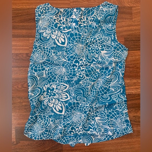 Banana Republic Ruffled Tank Top Women’s 8 Blue White Floral 100% Cotton Blouse - Picture 7 of 8